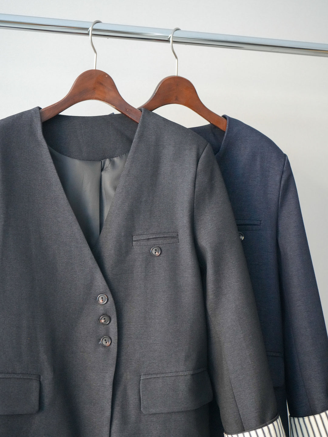 [SET]ノーカラージャケット+ガーメントウォッシュカーブデニムパンツ(2set)