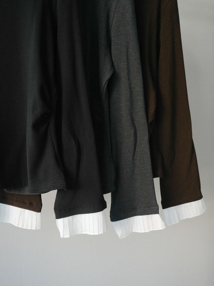 [SET]袖プリーツ配色レイヤードトップス+ベルトデザインループコールテンワイドパンツ(ベルト付き)(2set)