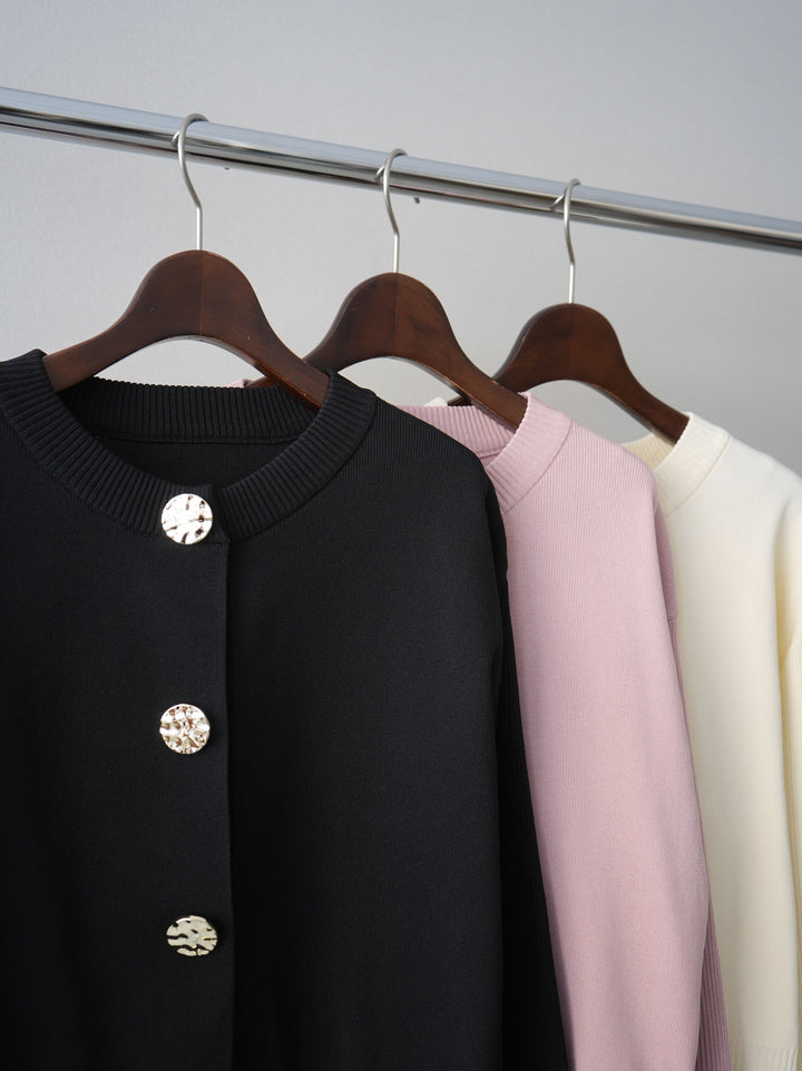 [SET]メタルボタンクルーネックニットカーディガン+デニム切替スウェットパンツ(2set)