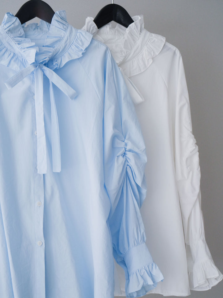 [SET]フリルネックギャザーブラウス+編み込みベルト付タックワイドパンツ(2set)