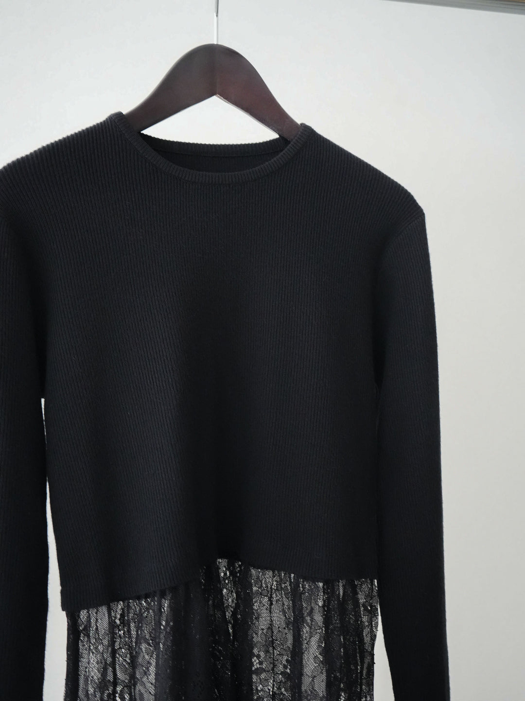 [SET]クルーネックレースドッキングリブニットトップス+ベルト付キーホルダーモチーフワイドパンツ(2set)