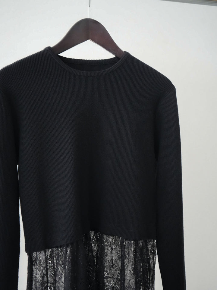 [SET]クルーネックレースドッキングリブニットトップス+ベルト付キーホルダーモチーフワイドパンツ(2set)