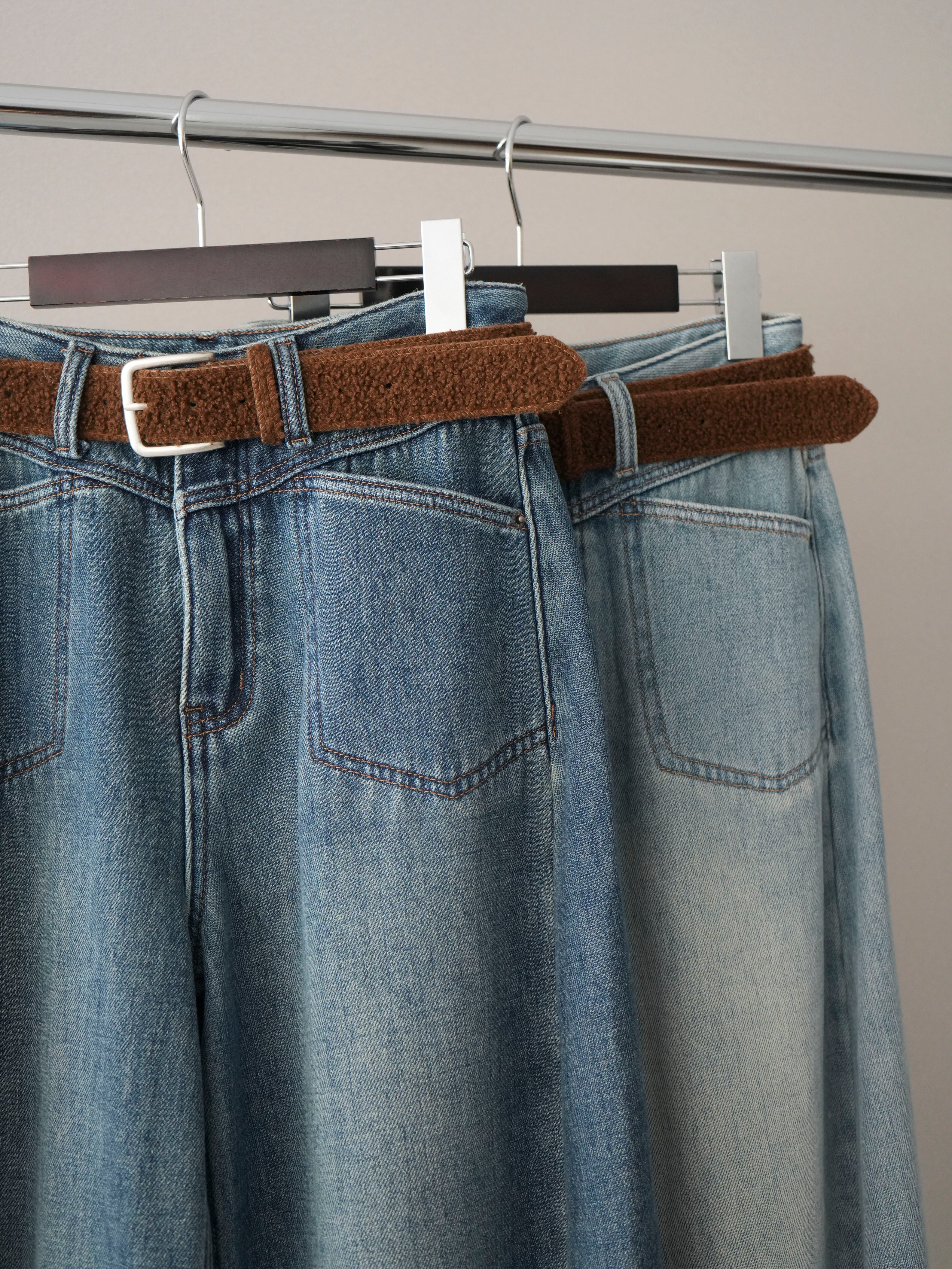 SET]ベルト付裏起毛カーブデニムパンツ+ベルト付裏起毛カーブデニム