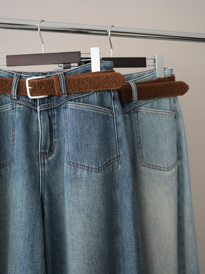 [SET]ベルト付裏起毛カーブデニムパンツ+ベルト付裏起毛カーブデニムパンツ(2set)