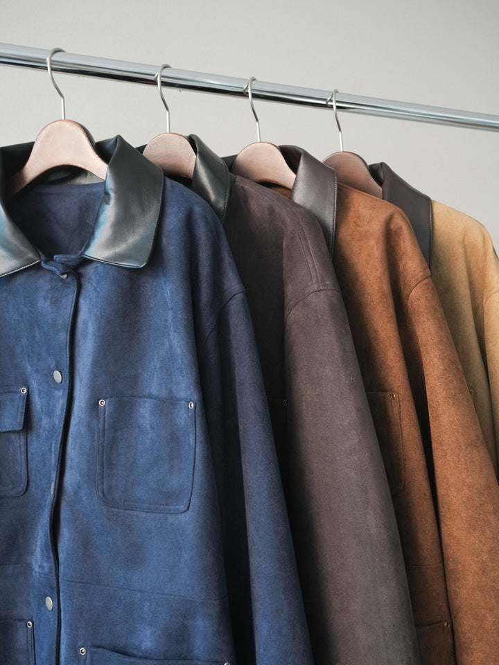 [SET]襟レザーステンカラースエードジャケット+袖ボタンボトルネックリブニットトップス(2set)