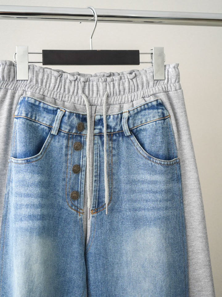 [SET]ビックカラーラッフルレーストップス+デニム切替スウェットパンツ(2set)