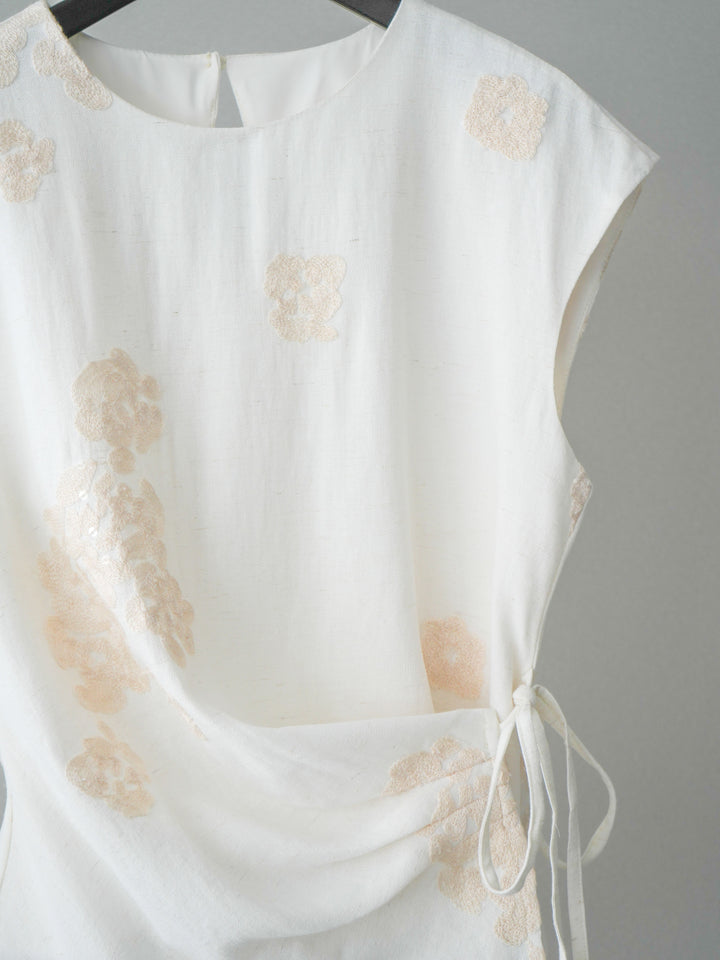 [SET]リネンタッチフラワージャガードトップス+ベルト付キーホルダーモチーフワイドパンツ(2set)