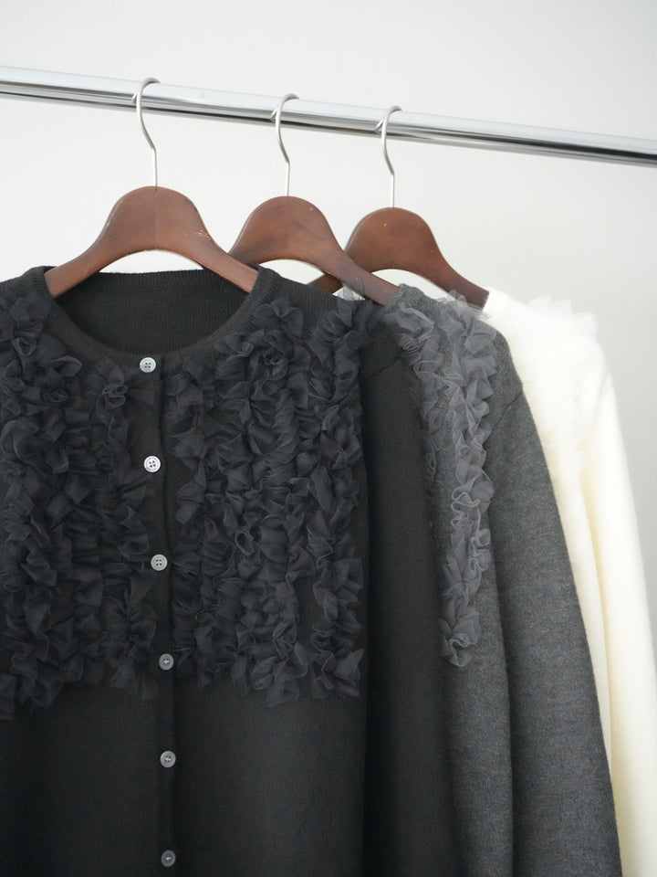 [SET]チュールフリルニットカーディガン+アンティーク柄フロッキーマキシスカート(2set)