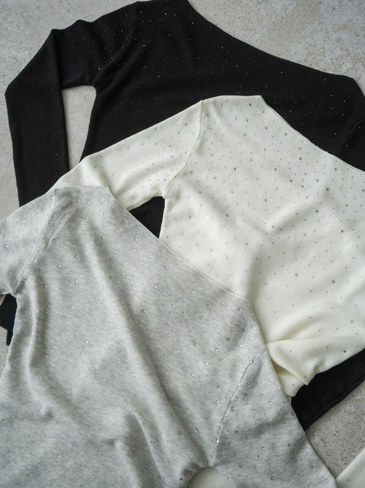 [SET]ラインストーンアシンメトリーニットトップス+ラメプリーツレイヤードチュールロングスカート(2set)