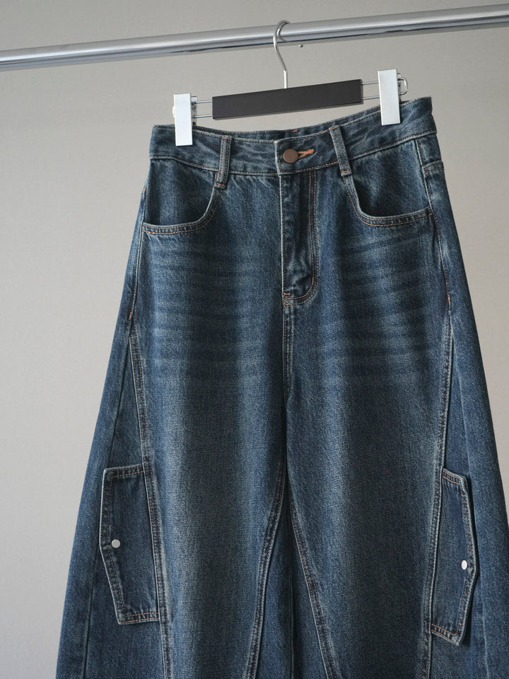 [SET]キーネックシャギーニットカーディガン+カーゴデザインコクーンデニムパンツ(2set)