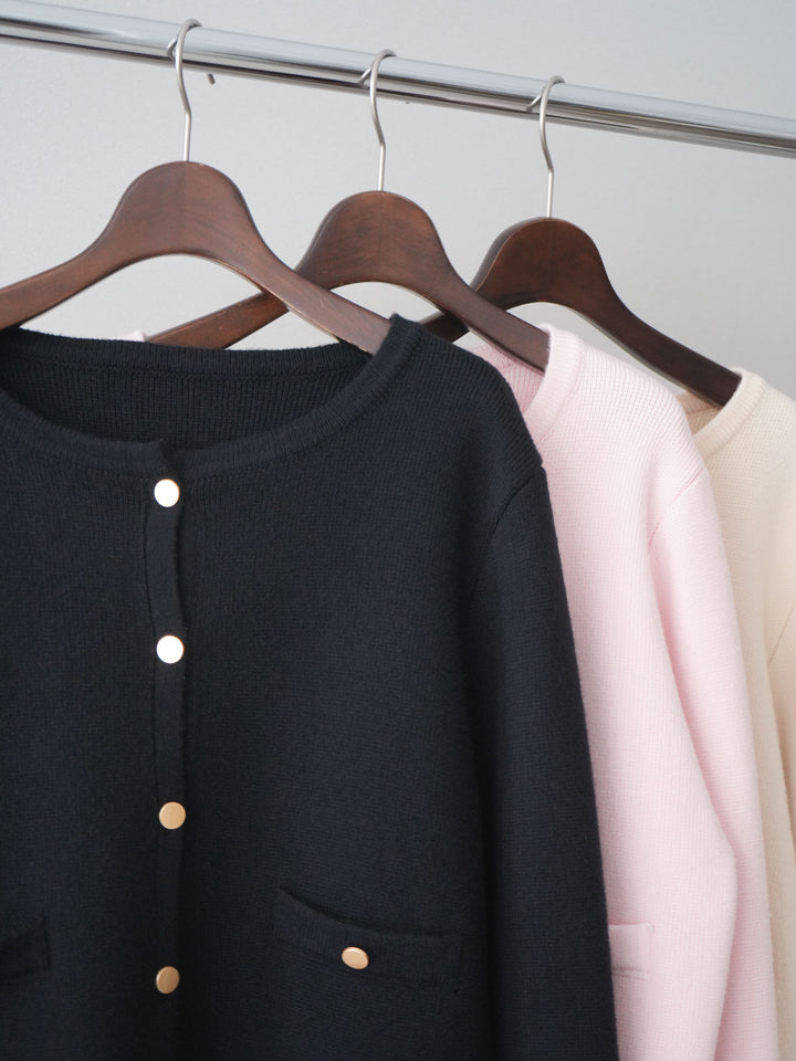 [SET]ゴールドボタンノーカラーニットジャケット+ガーメントウォッシュカーブデニムパンツ(2set)