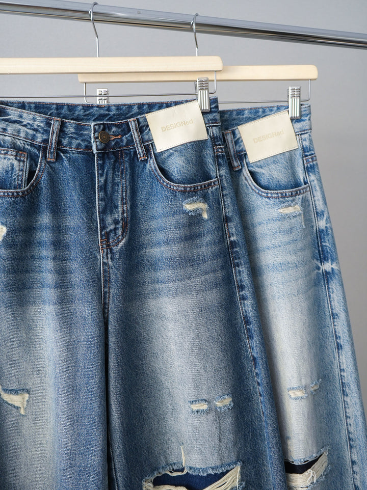 [SET]レースネックジャガードニットカーディガン+ダメージデニムセミワイドパンツ(2set)