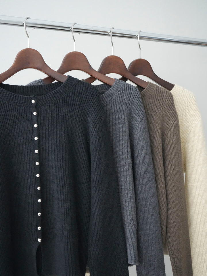 [SET]シルバーボタン畦編みニットカーディガン+ギャザーベロアスカート(2set)