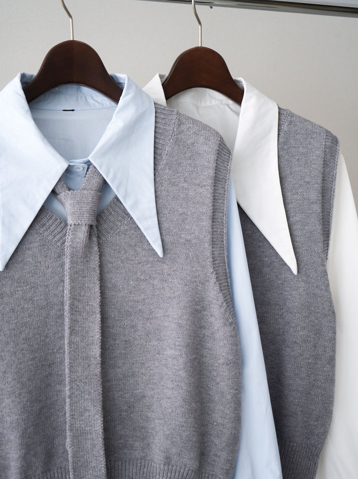 【套裝】蝴蝶結針織背心套裝襯衫+繫帶工裝迷你裙（兩件組）