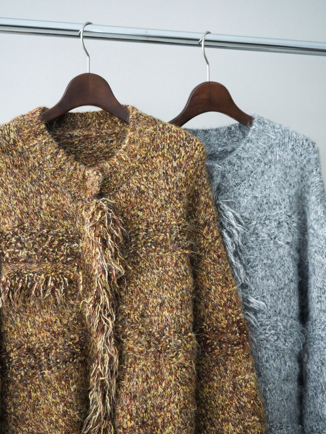 [SET]ミックスヤーンフリンジデザインニットジャケット+裏起毛加工デニムカーブパンツ(2set)