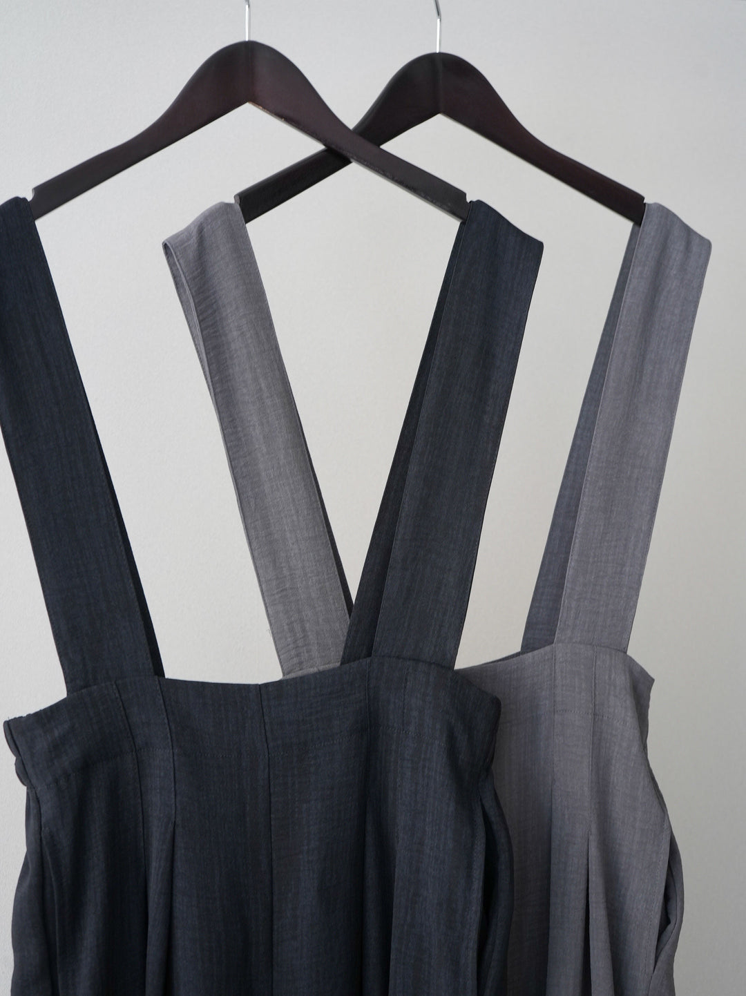 [SET]サイドギャザーレーストップス+シボ加工ハイウエストタックサロペット(2set)