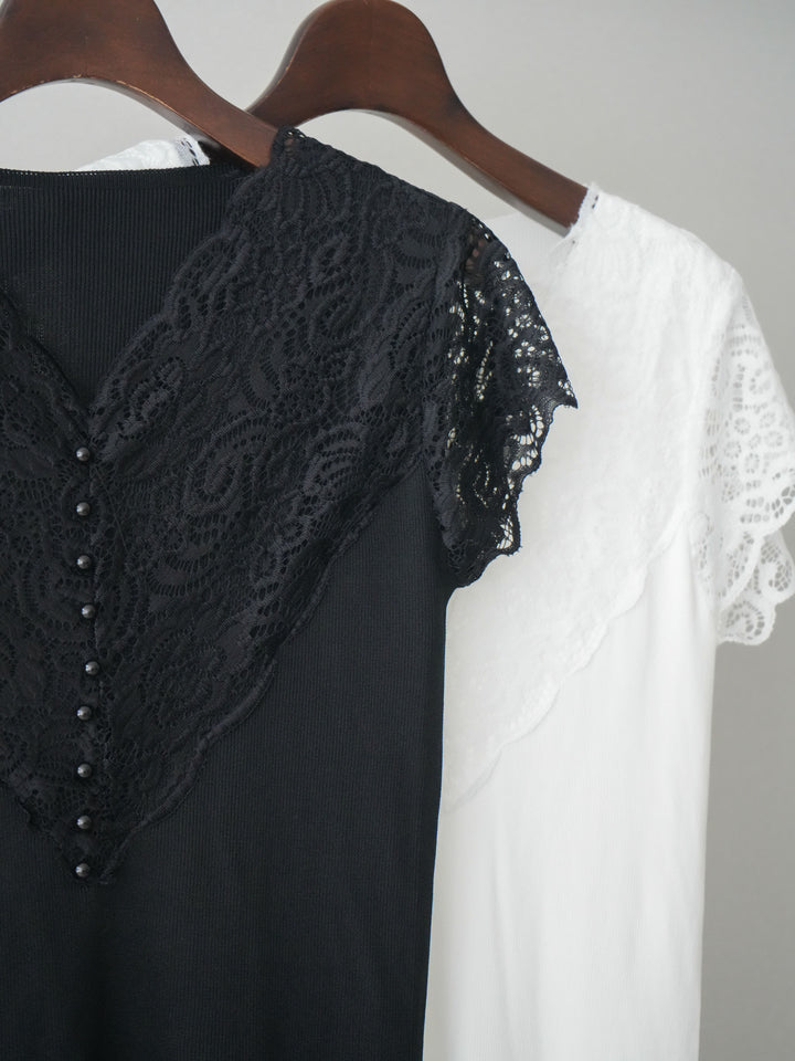 [SET]パールボタンレース切替ニットトップス+パールボタンレース切替ニットトップス(2set)