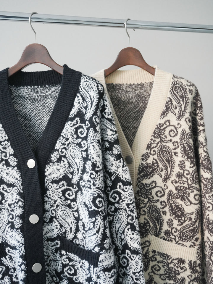 [SET]ペイズリー柄ニットカーディガン+パンチングデザインスエードプリーツスカート(2set)