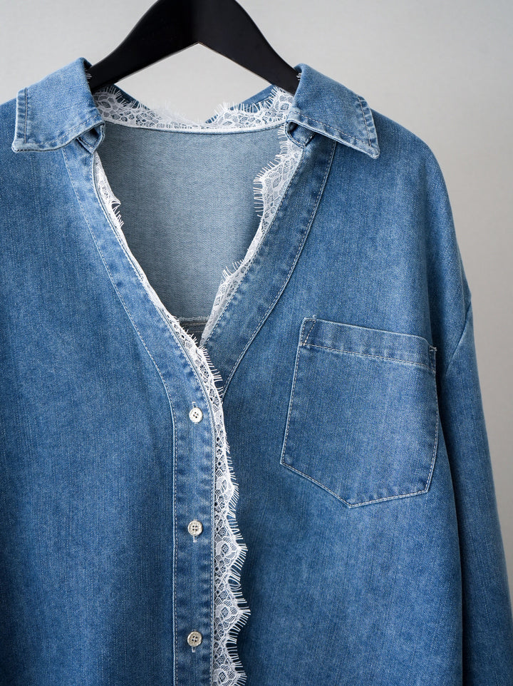 [SET]レースレイヤードデニム開襟シャツ+フリンジデザインセミフレアデニム(2set)