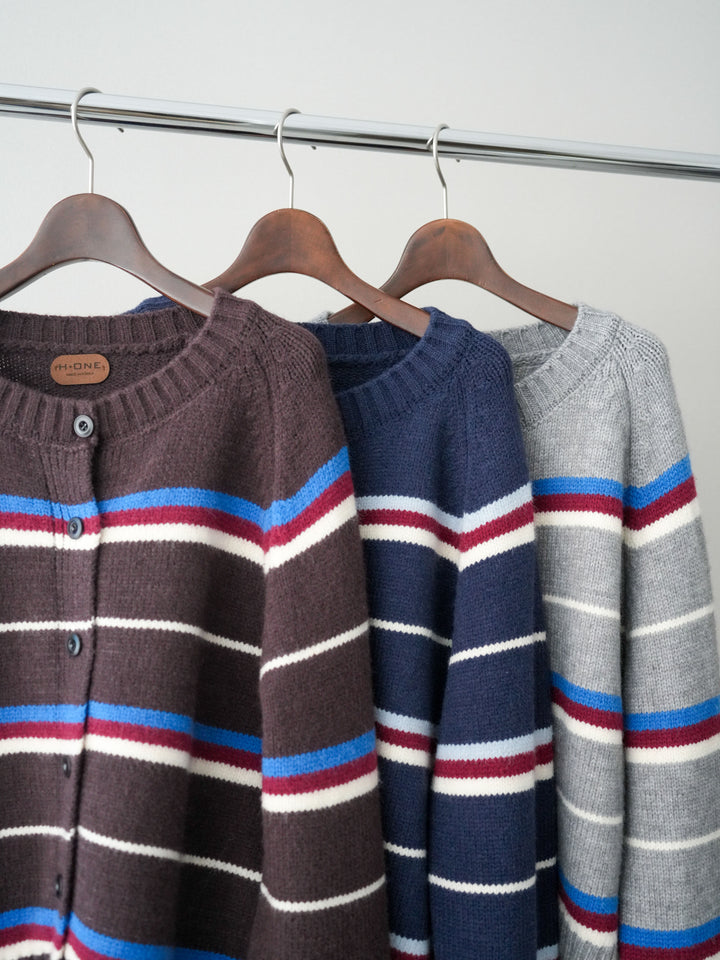 [SET]ランダムボーダーニットカーディガン+デザインステッチカーブデニムパンツ(2set)