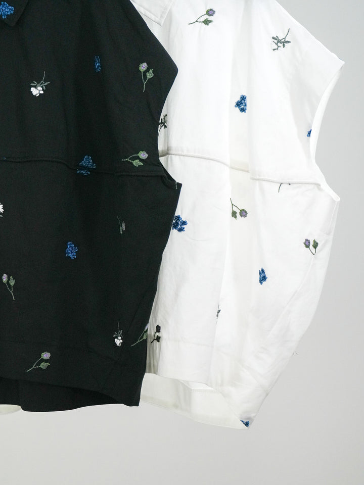 【套裝】花卉刺繡燈籠無袖襯衫+腰帶設計環扣闊腿褲（兩件套）