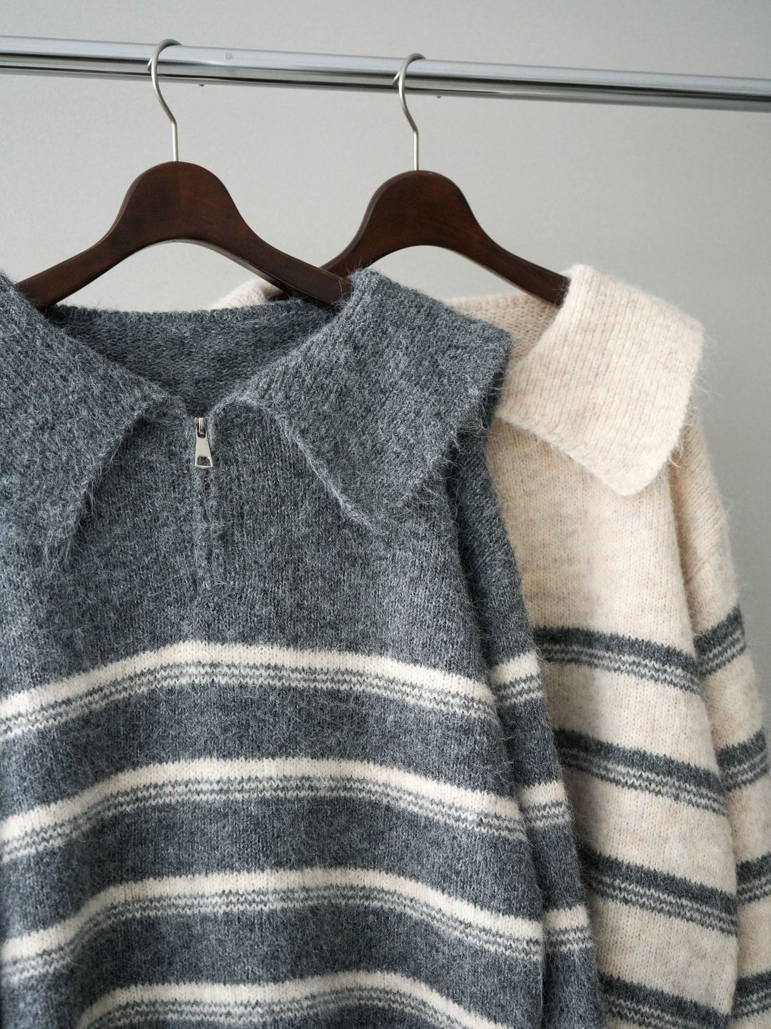 [SET]ハーフジップボーダーニットプルオーバー+コーデュロイサイドタックコクーンパンツ(2set)