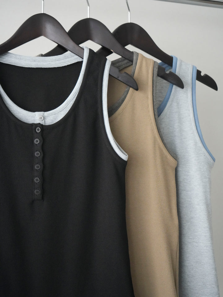 [SET]配色リブヘンリータンクトップ+ウエストベルトビジューワイドデニムパンツ(2set)