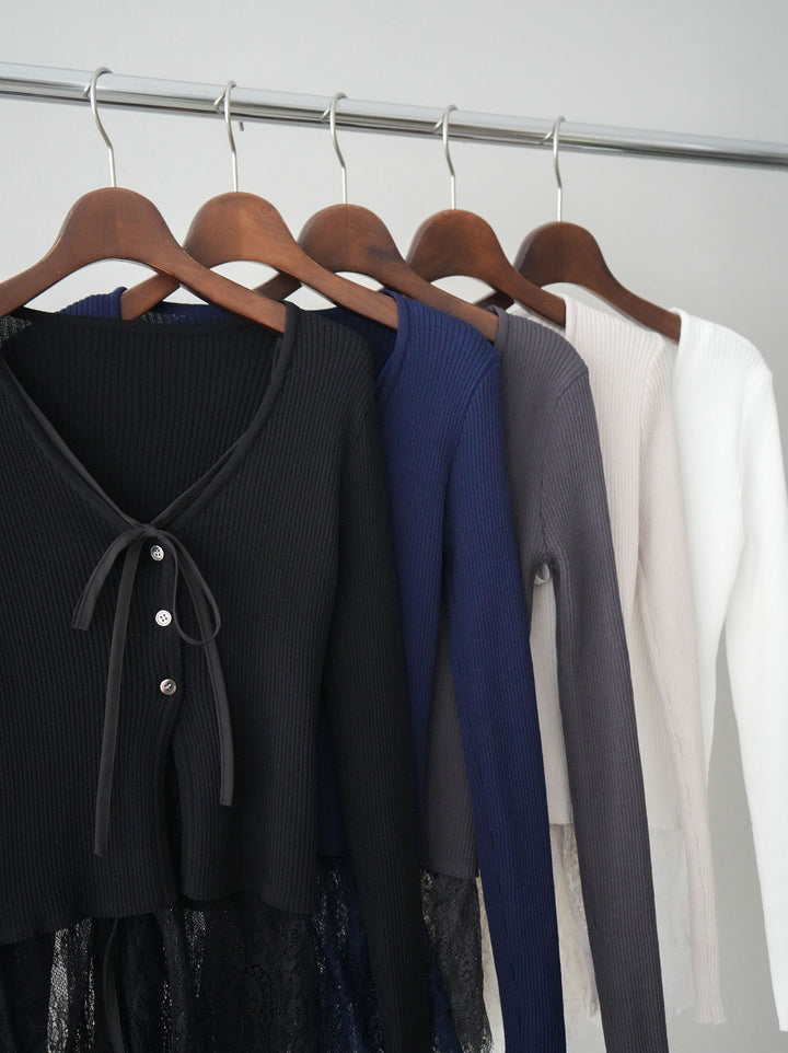 [SET]フロントリボン裾レースリブニットトップス+フロントビジューカーブデニムパンツ(2set)