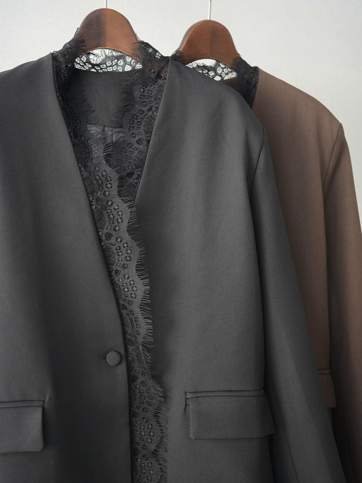 [SET]ノースリバルーンミニワンピース+ノーカラーレースジャケット(2set)