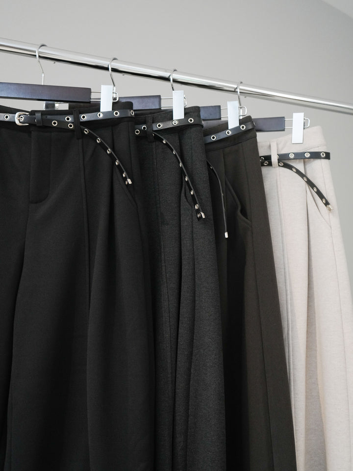 [SET]袖配色ハイネックボーダーリブニットトップス+ベルト付き裏起毛ワイドパンツ(2set)