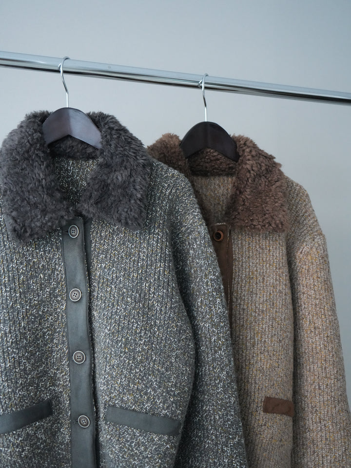 [SET]襟ボアミックスヤーンニットカーディガン+襟ボアミックスヤーンニットカーディガン(2set)