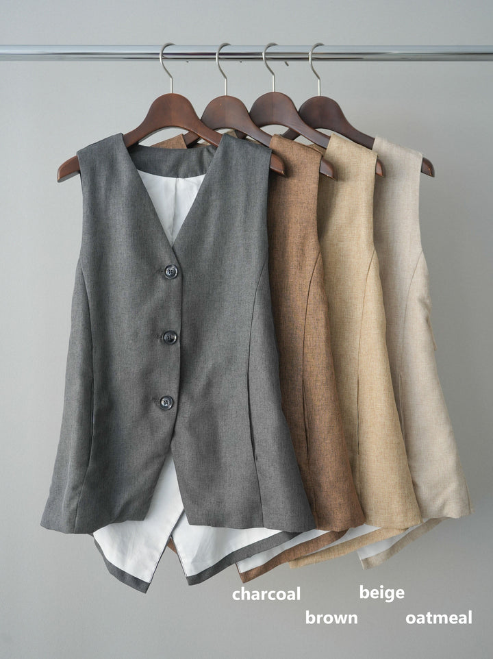 [SET]リネンライクテーラードジャケット+リネンライクバックオープンジレ+リネンライクタックワイドパンツ(3set)