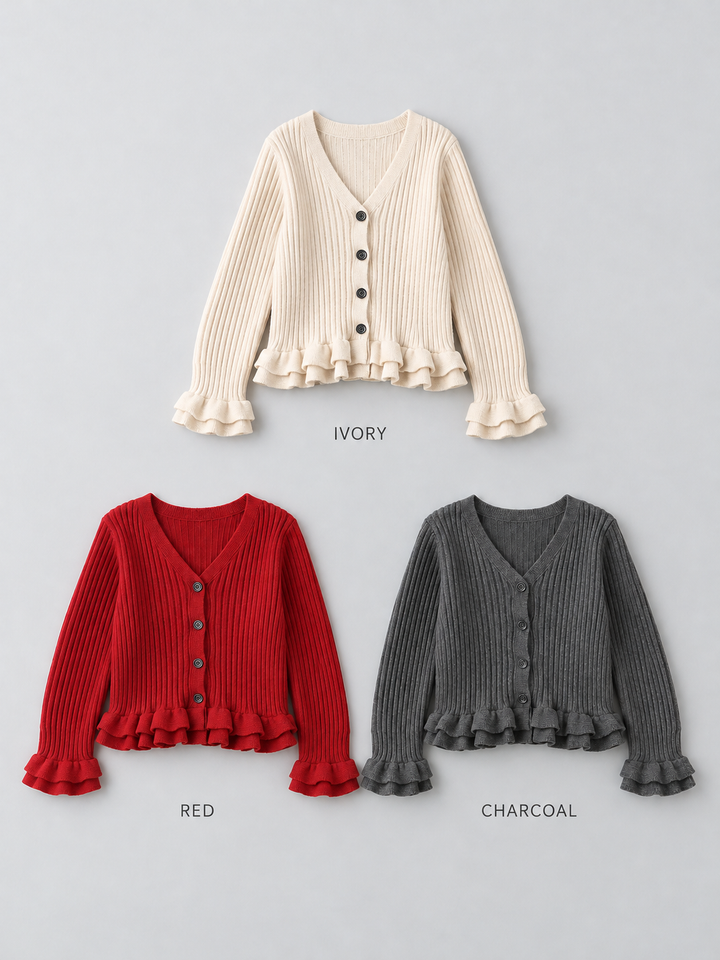 [SET]アルパカタッチフリルカーディガン+クレープデシンフラップ付きストレートスカート(2set)