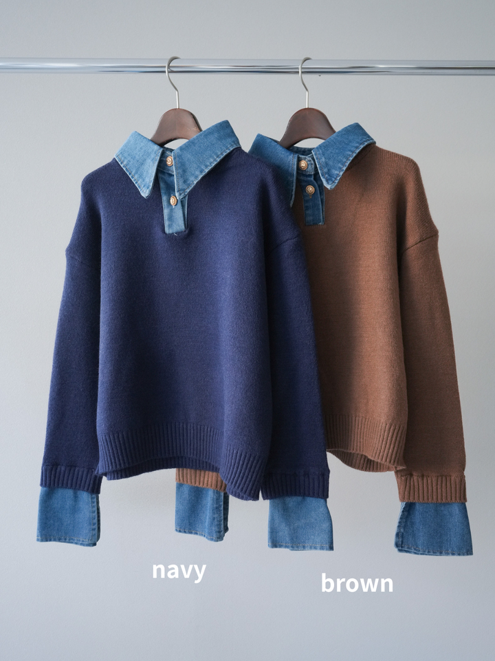[SET]デニム襟ポロニットプルオーバー+デニム襟ポロニットプルオーバー(2set)