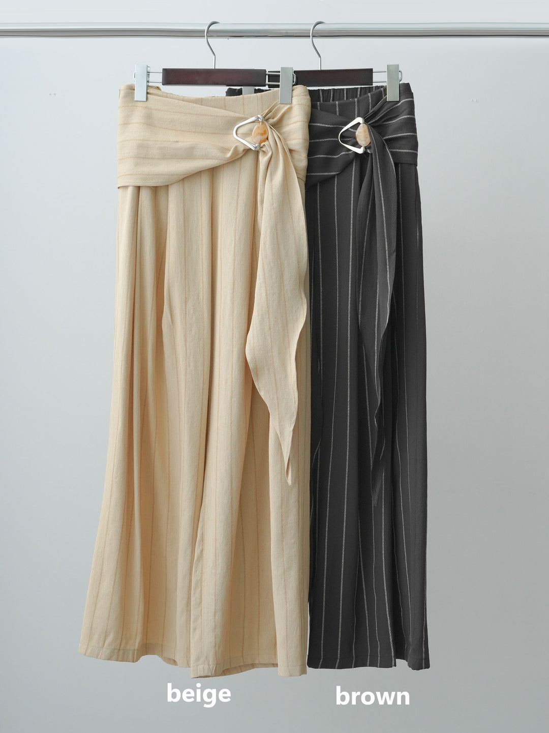 【套裝】亮片透視前褶皺上衣+腰帶設計條紋垂褶闊腿褲（兩件套）