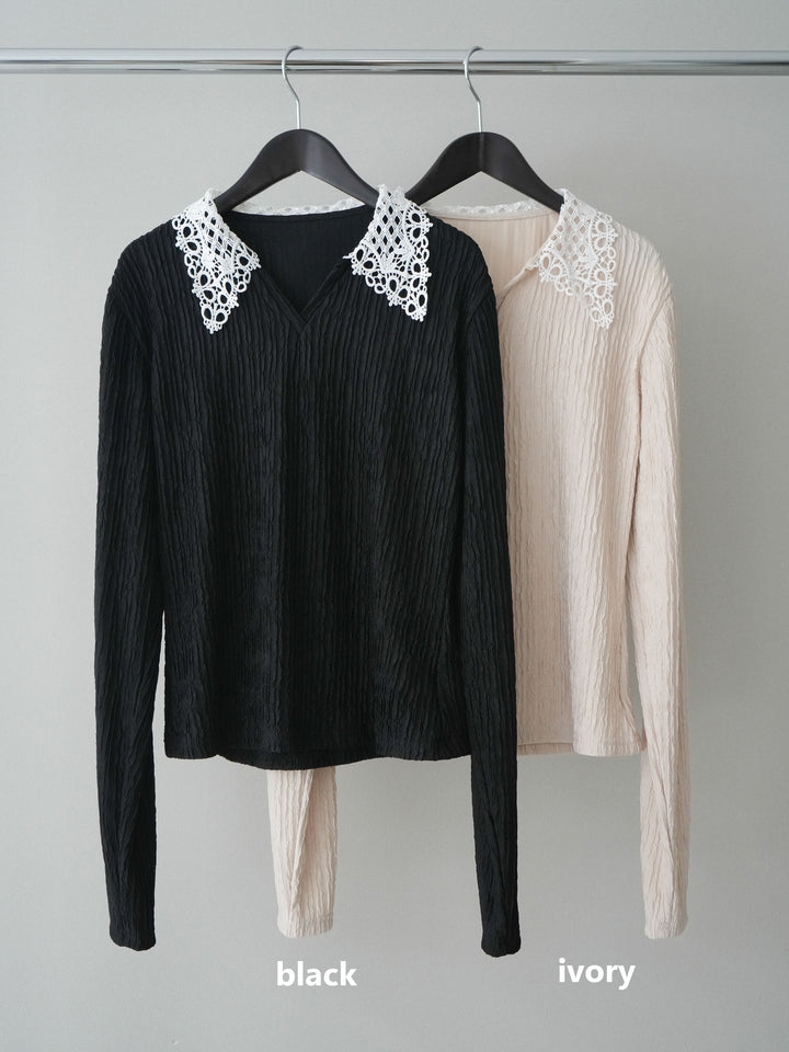 [SET]袖スリットレースカラートップス+ラッフルベルトワイドパンツ(2set)