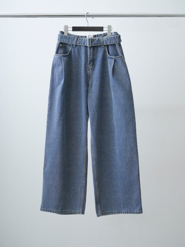[SET]バックスリットニットタンクトップ+ベルトデザインワイドデニム(2set)