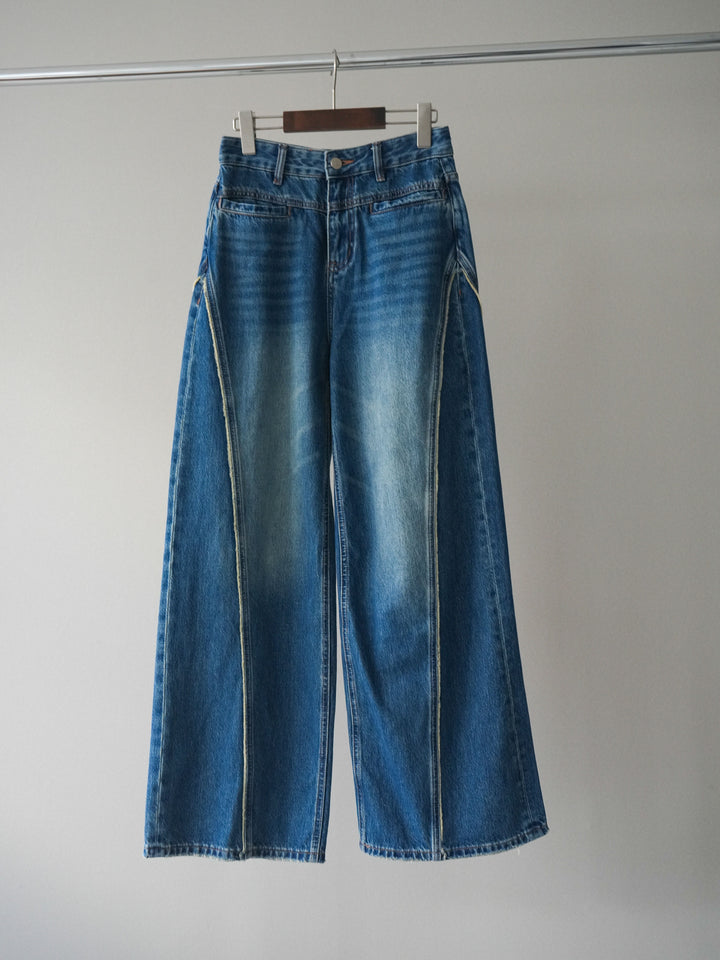 [SET]シュシュ付きアンゴラタッチVネックニットプルオーバー+サイドフリンジワイドデニムパンツ(2set)