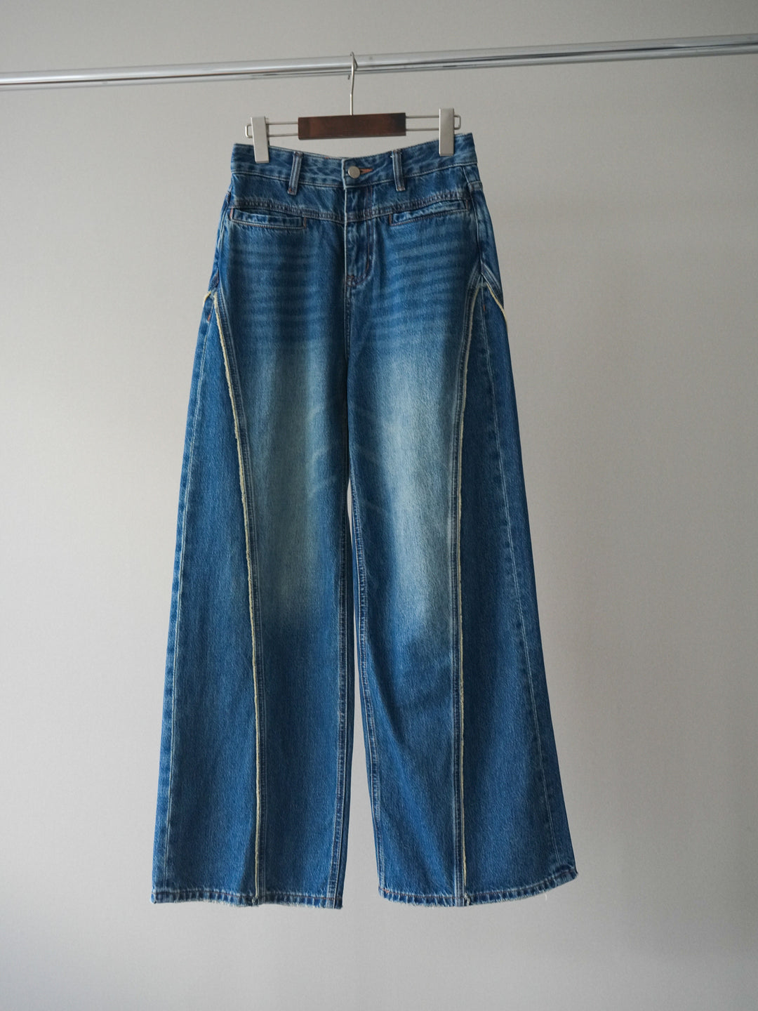 [SET]透かしデザインニットプルオーバー+サイドフリンジワイドデニムパンツ(2set)