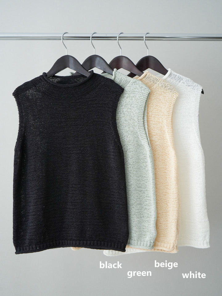 【套裝】無袖亞麻質感透視針織套頭衫 + 不對稱闊腿牛仔褲（兩件套）