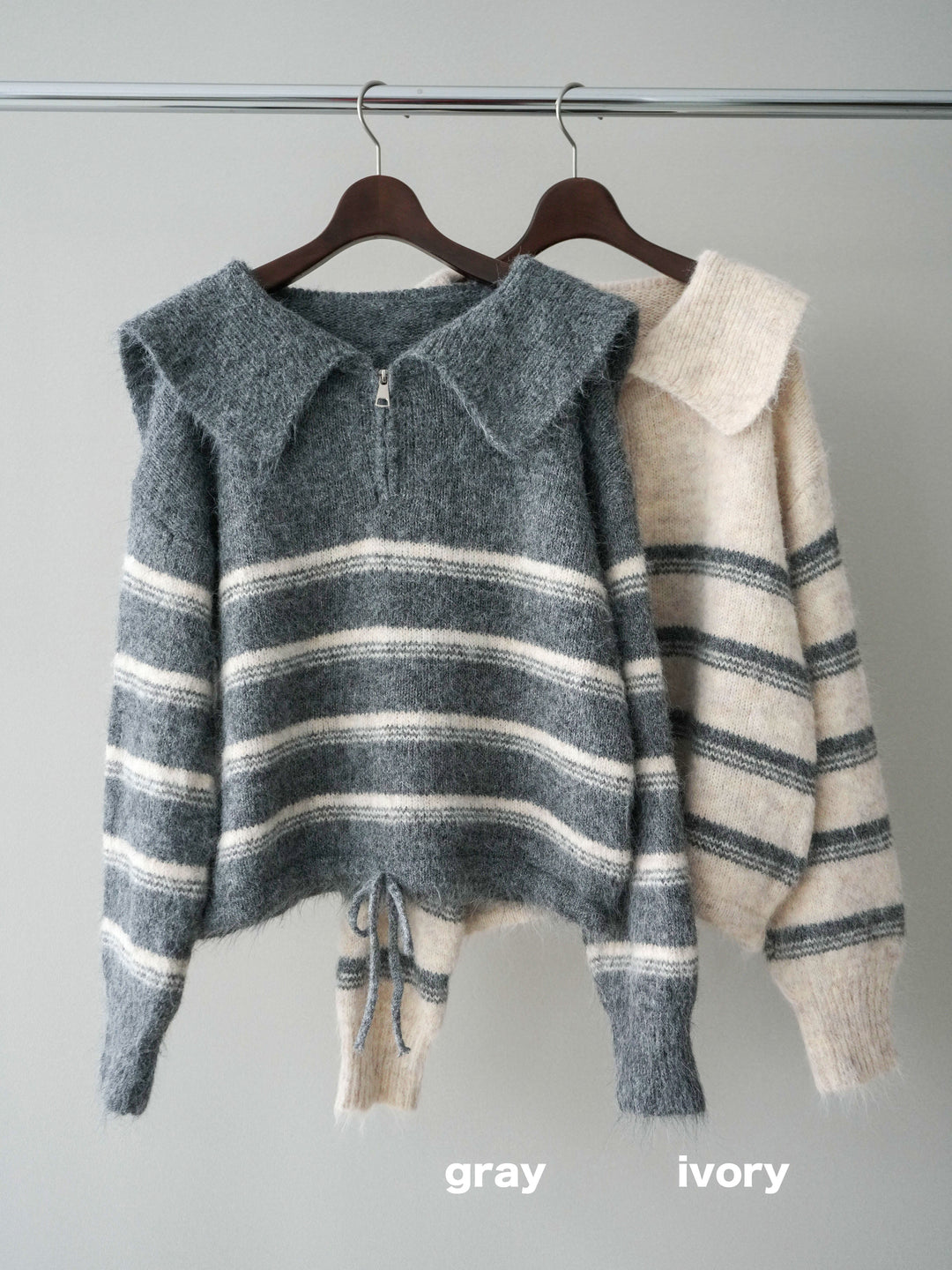 [SET]ハーフジップボーダーニットプルオーバー+コーデュロイサイドタックコクーンパンツ(2set)