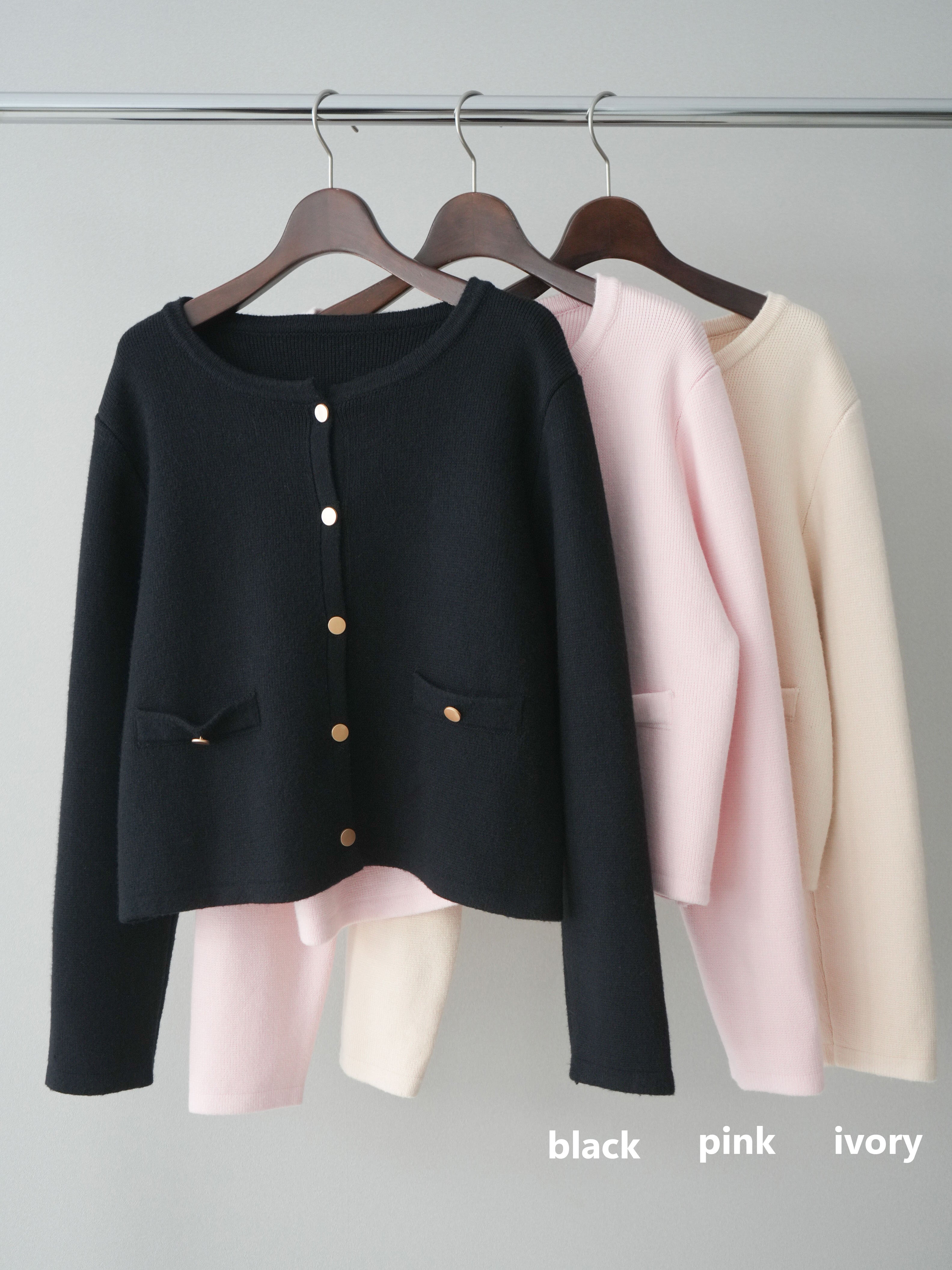 SET]ゴールドボタンノーカラーニットジャケット+ゴールドボタンノー