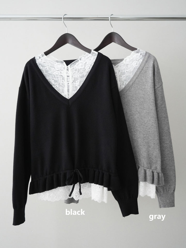 [SET]レーストップ＆フリルニットアンサンブル+ベルト付キーホルダーモチーフワイドパンツ(2set)