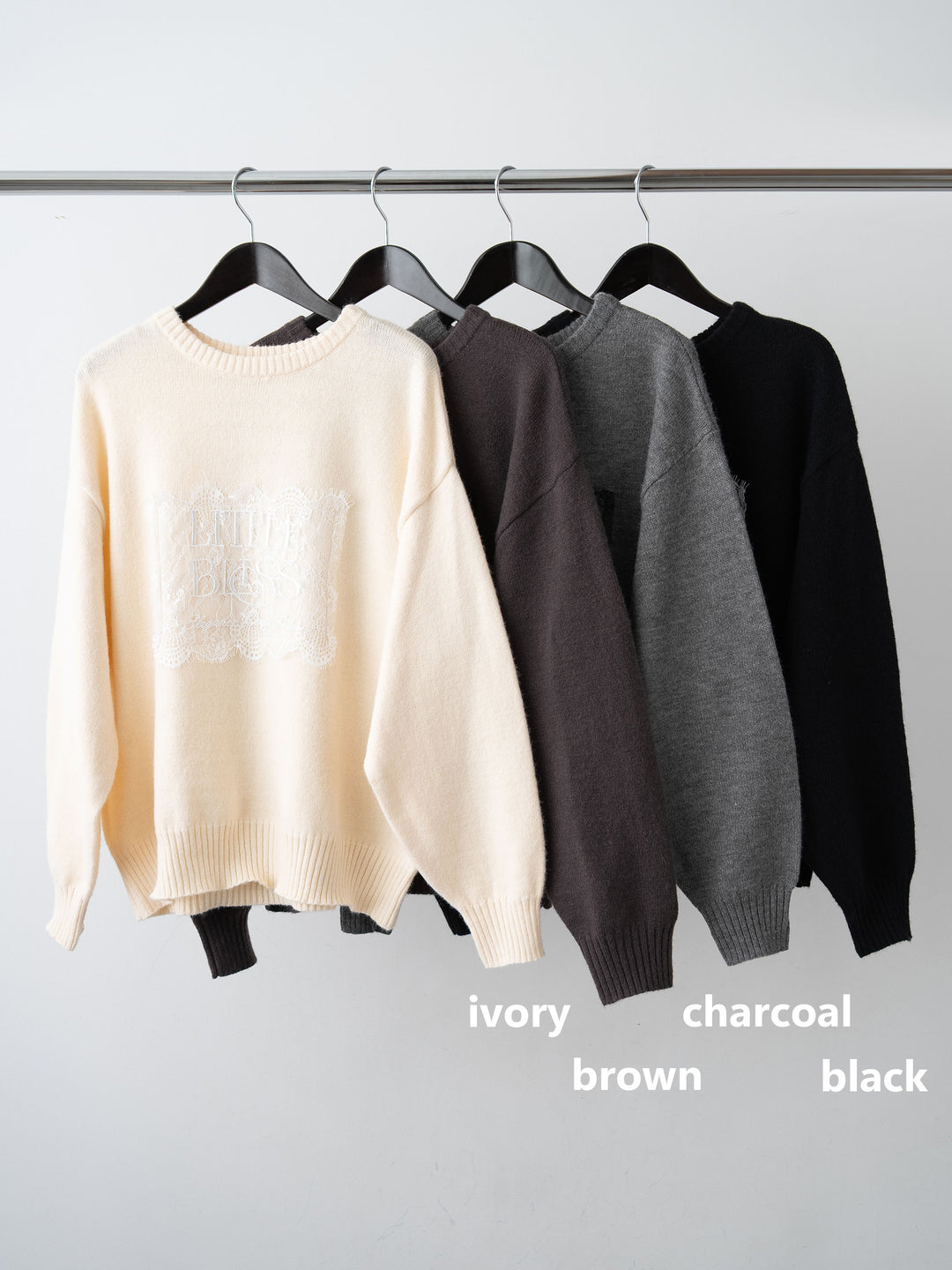 [SET]アルパカタッチ刺繍レースロゴニットプルオーバー+ベロアデニムタックワイドパンツ(2set)