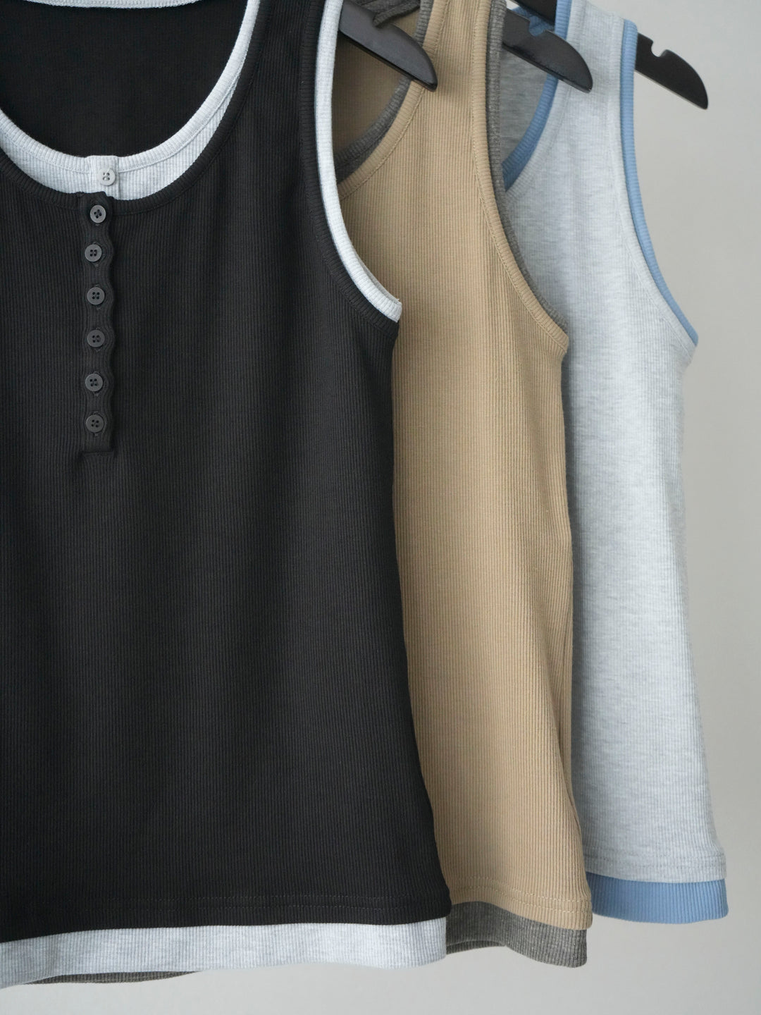 [SET]配色リブヘンリータンクトップ+ウエストベルトビジューワイドデニムパンツ(2set)