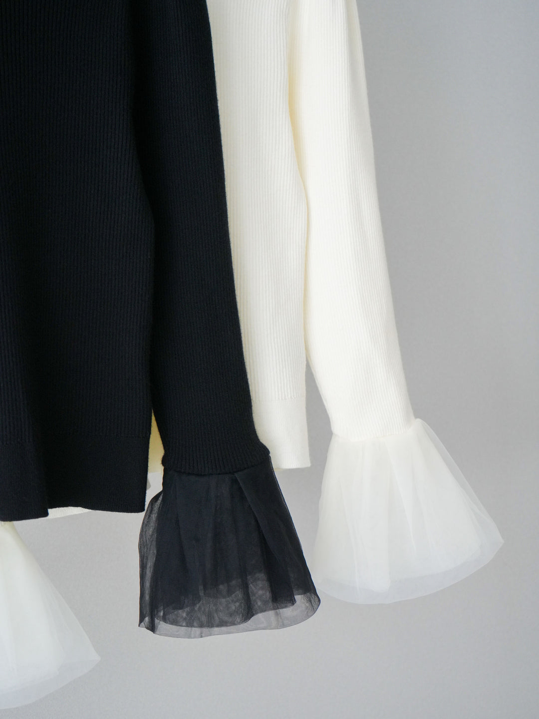 [SET]袖チュールパワショルリブニットトップス+袖チュールパワショルリブニットトップス(2set)