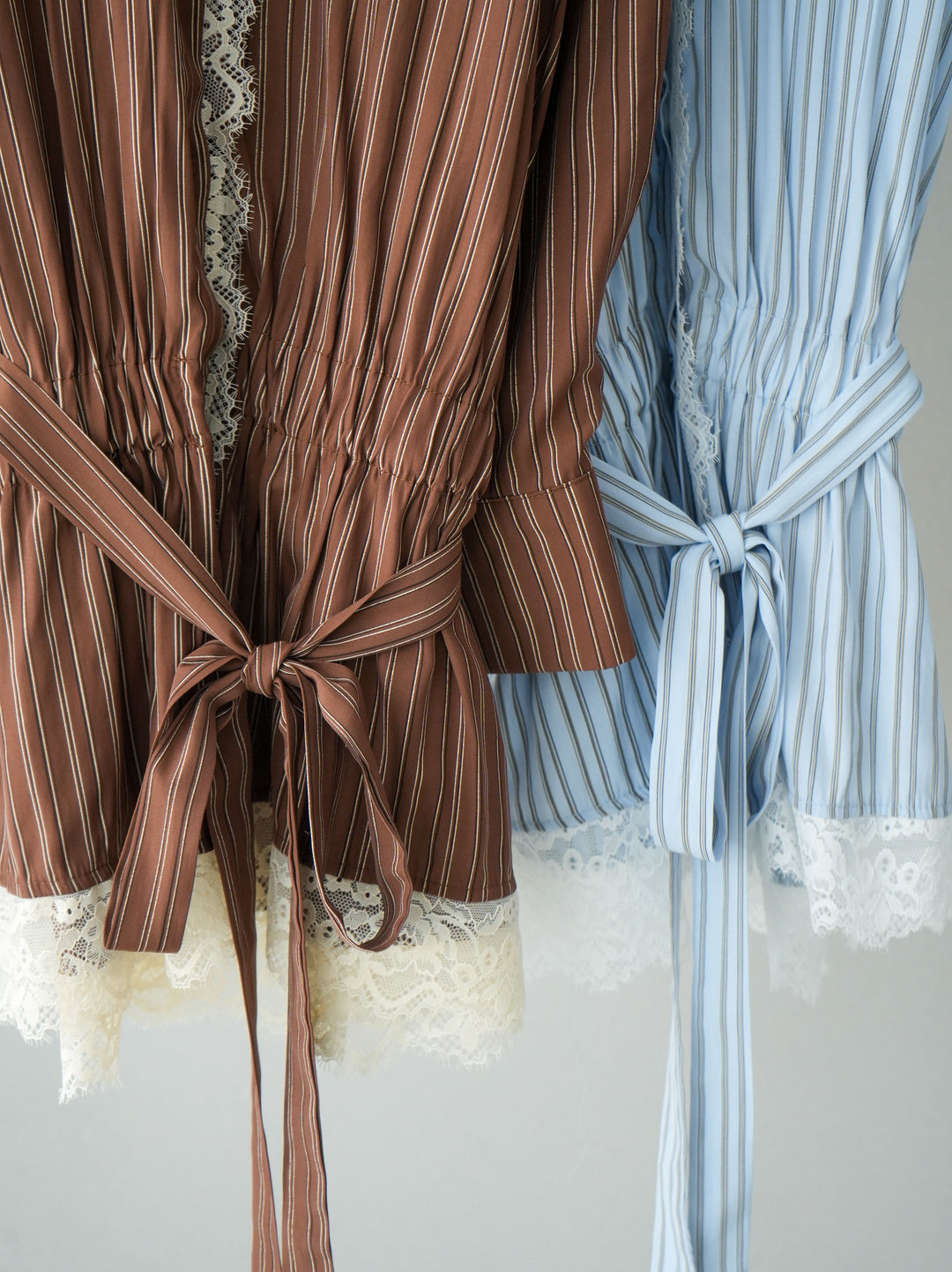 [SET]レース付ストライプウエストギャザーシャツ+フリンジデザインセミフレアデニム(2set)