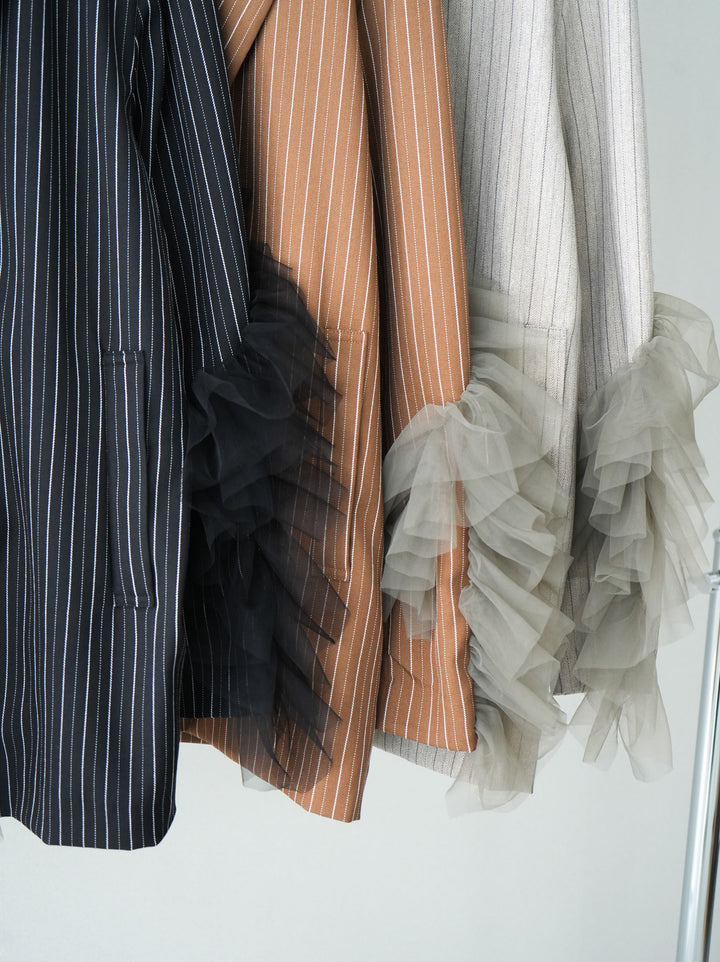 [SET]アシンメトリーチュールストライプジャケット+ヘリンボーンストライプサロペット(2set)