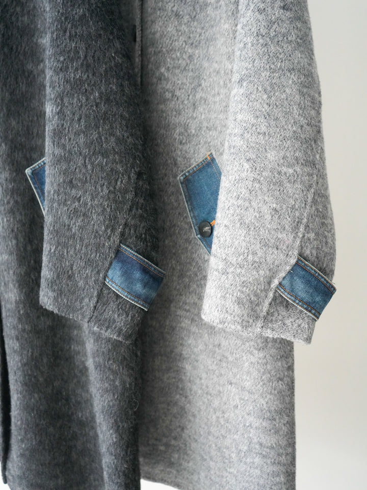 [SET]デニム切替シャギーステンカラーコート+ウールタッチベルト付ミニスカート(2set)
