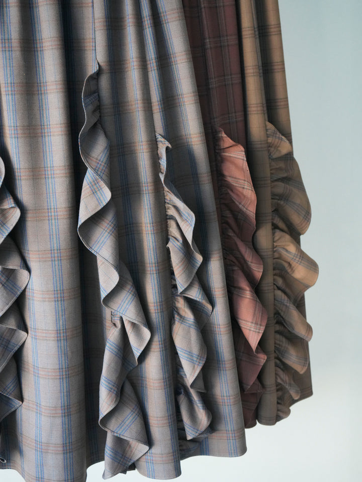 [SET]プチネックパワーショルダー起毛トップス+チェック柄フリルハイウエストマキシスカート(2set)